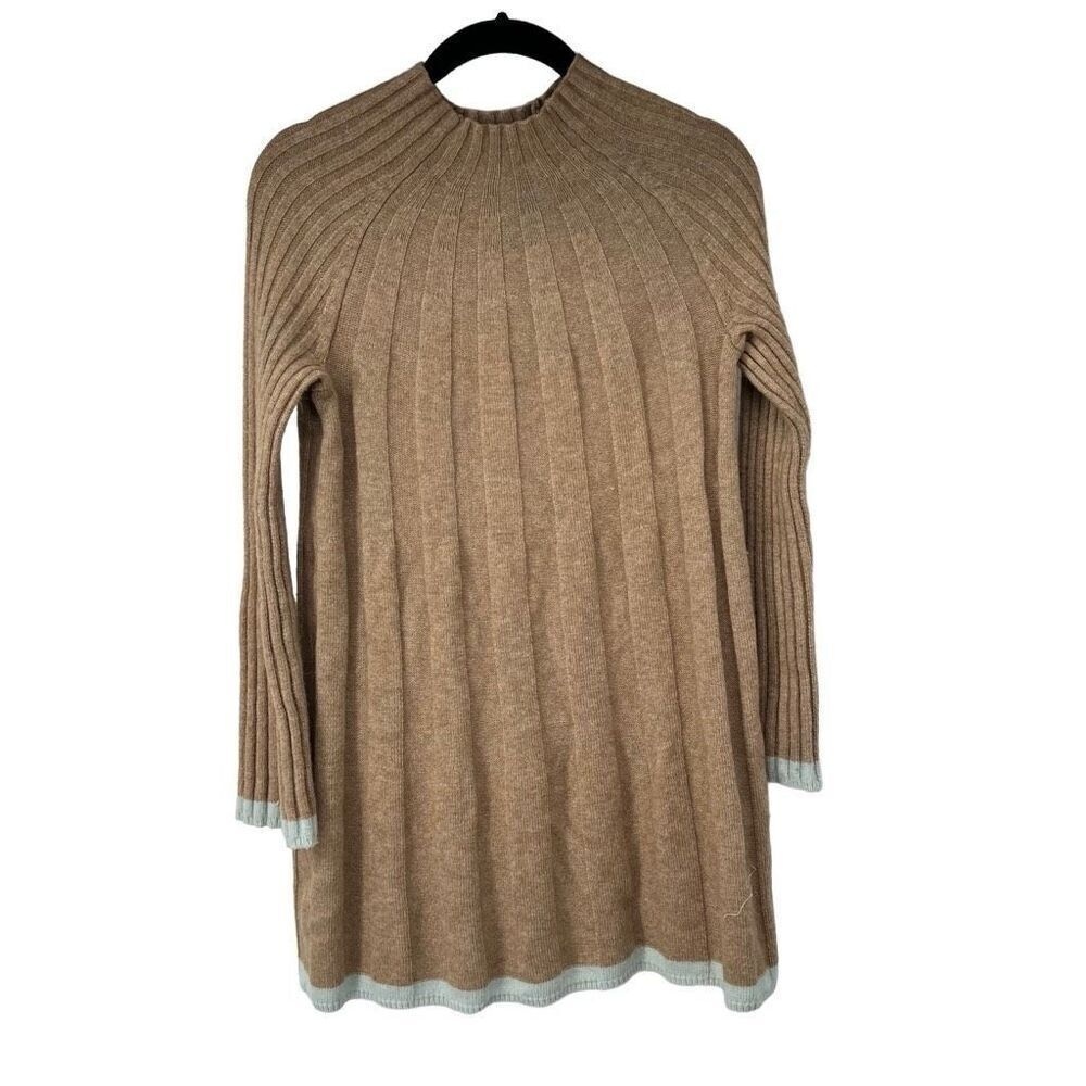Anthropologie Tan Turquoise Trim Ribbed Mock Neck Sweater Tunic Dress Womens M